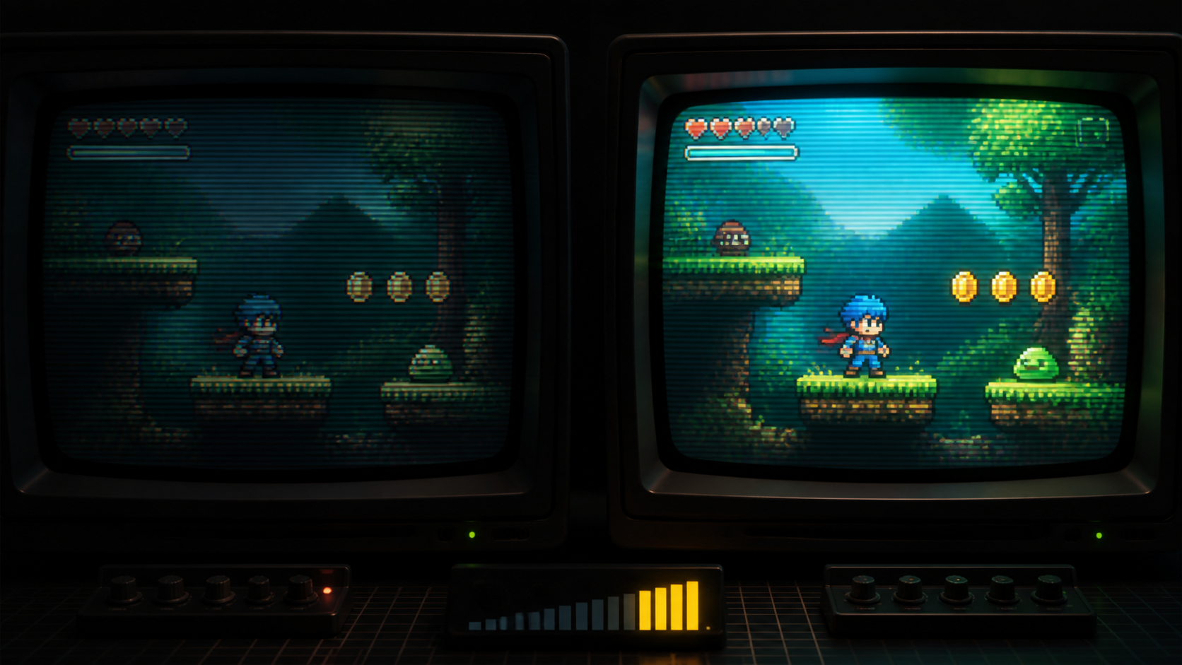 A side-by-side CRT comparison with a dark standard shader and a brighter preserved output.