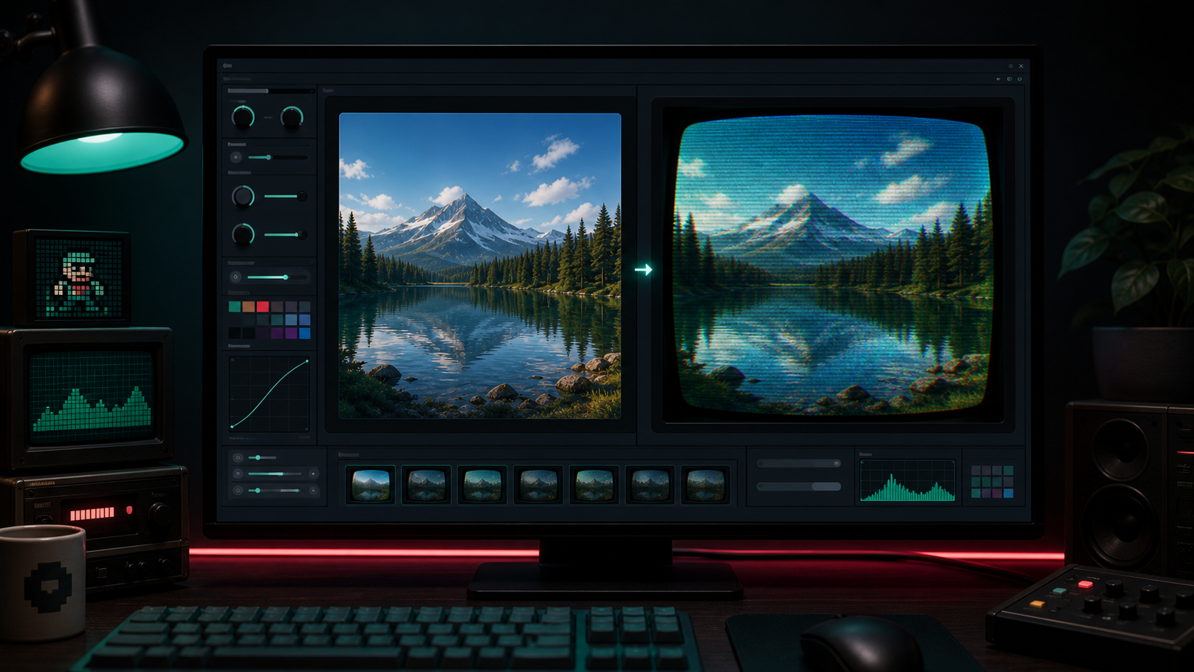 A before and after CRT image editing scene with scanlines, glow, curvature, and analog noise.