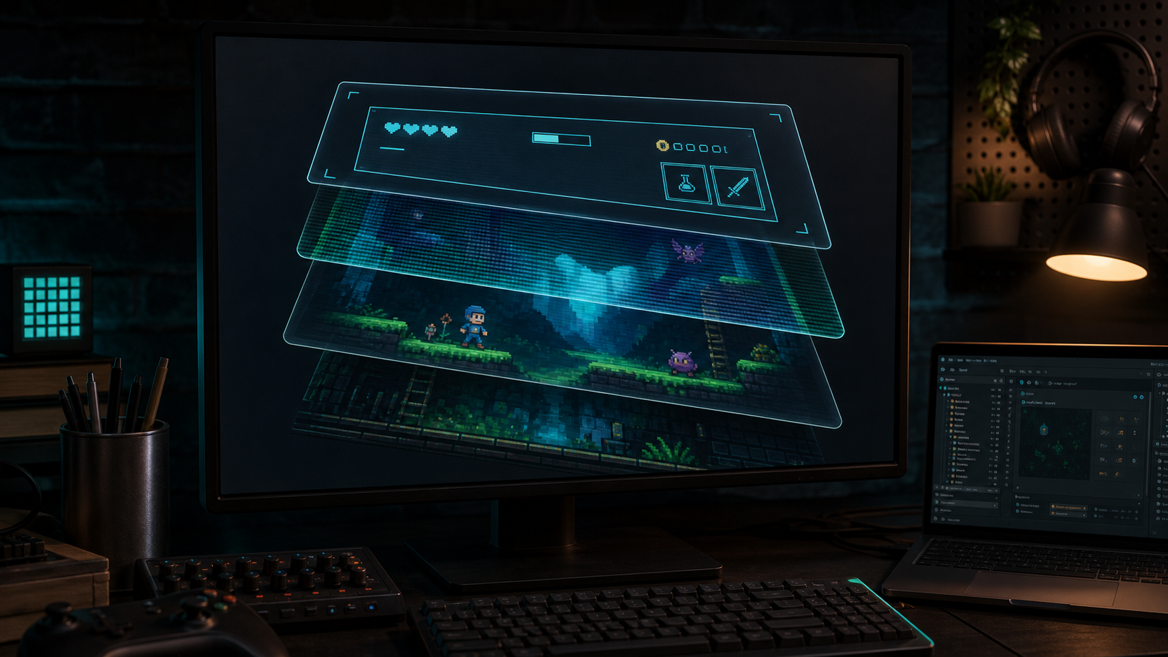 A Godot CRT setup visual showing gameplay, CRT shader, and UI layers as stacked transparent panels.