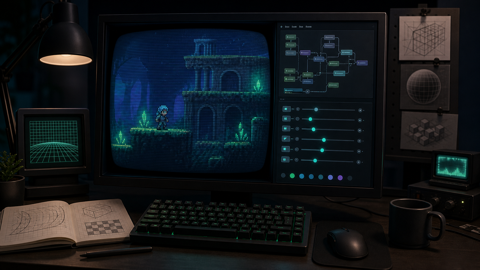 A Godot-style shader tuning workstation with a CRT preview and abstract parameter controls.