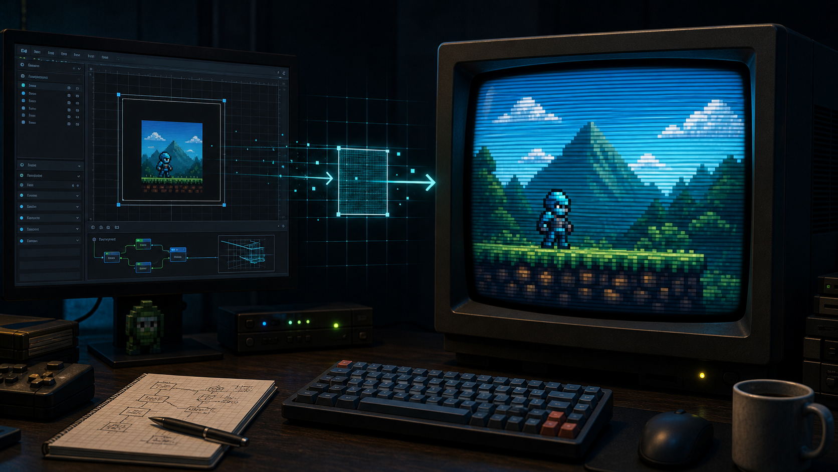A low-resolution pixel game buffer scaling into a CRT-styled final display.