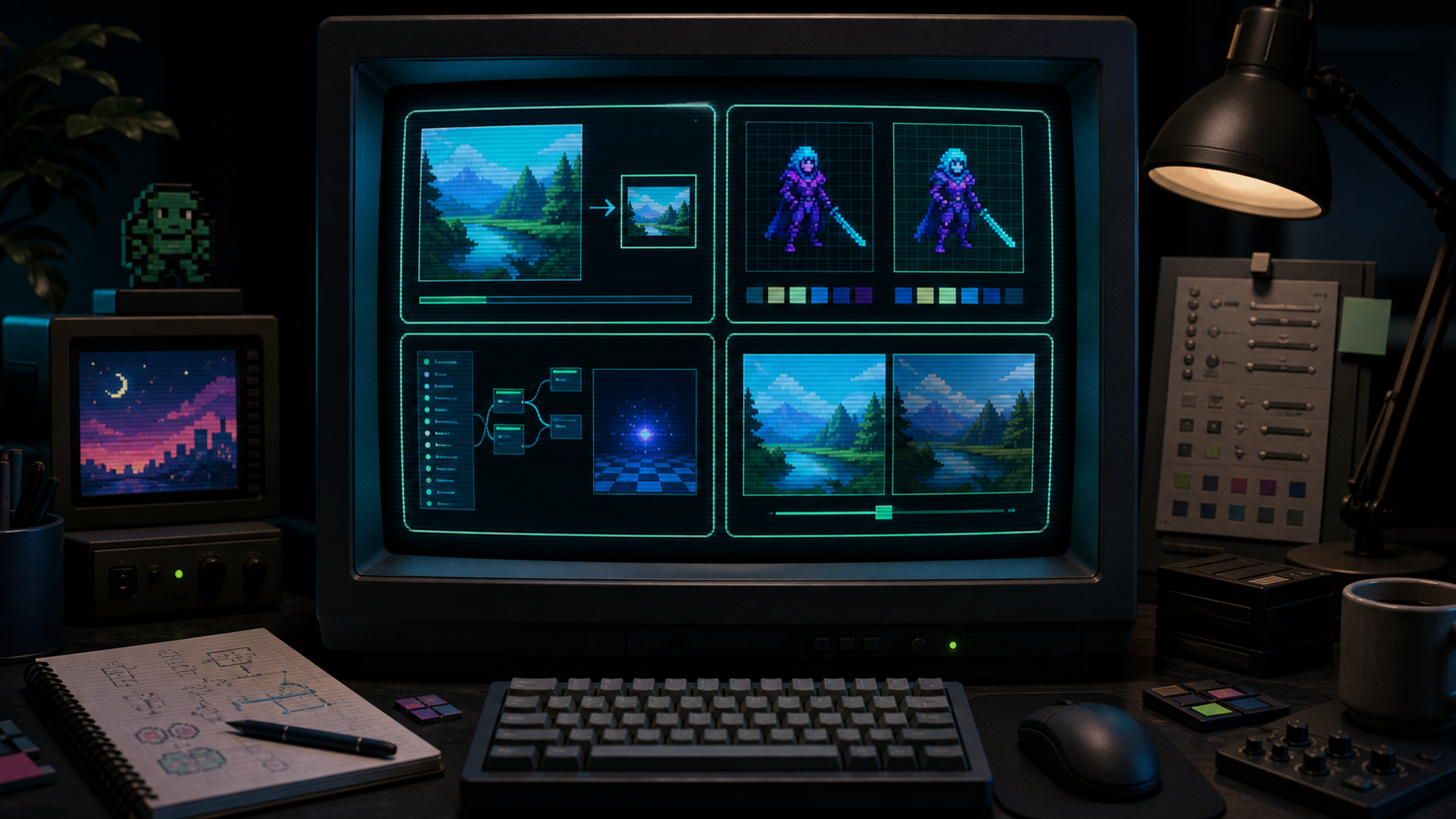 A retro CRT workstation showing separate workflows for image export, pixel art comparison, shader tuning, and brightness preservation.