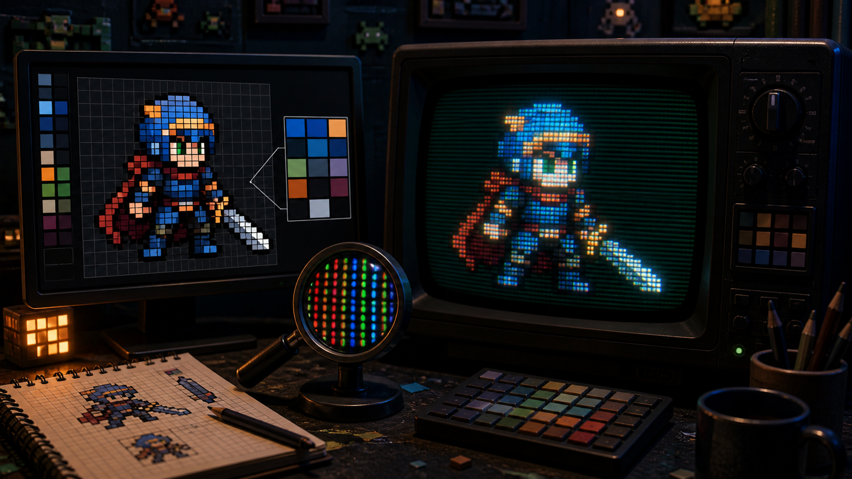 A pixel art inspection scene comparing raw square pixels with a CRT-softened preview.