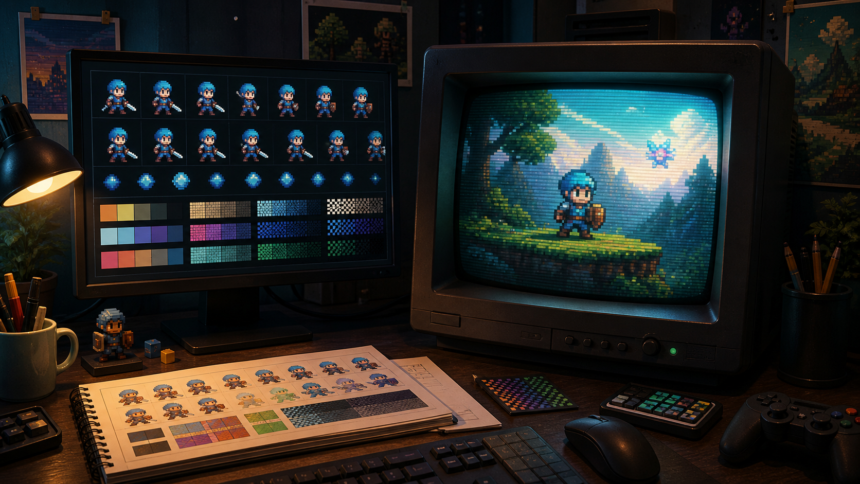 A pixel artist review desk comparing sprite sheets with a CRT preview display.