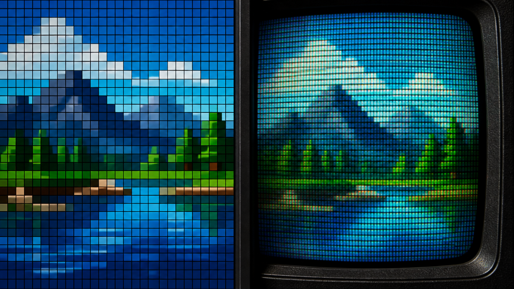 A macro comparison of sharp raw pixel squares and a CRT display with scanlines and phosphor blending.